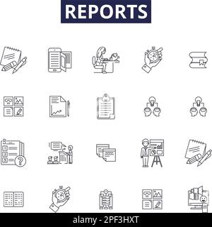 Meldet Linienvektorsymbole und -Zeichen. Audits, Zusammenfassungen, Prüfungen, Daten, Umfragen, Vektordarstellung für Statistiken, Untersuchungen, Metriken Stock Vektor