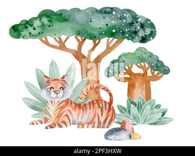 Eine Reihe von Aquarell-Illustrationen von Savannah-Tieren in der Natur. Kindliche Darstellung von Tieren auf weißem Hintergrund. Von Hand gezeichnet. Stockfoto