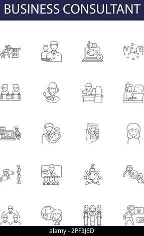 Linienvektorsymbole und -Schilder für Unternehmensberater. Berater, Berater, Stratege, Analyst, Manager, Experte, Mentor, Berater, Übersichtsvektor Stock Vektor