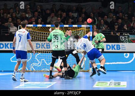 Berlin, Deutschland. 16. März 2023. Berlin, Deutschland März 16. 2023: Stepan Zeman (66) von VfL Gummersbach erzielt im Spiel 1 ein Tor für sein Team. Bundesliga - Füchse Berlin / VfL Gummersbach - Max-Schmeling-Halle. Berlin, Deutschland. (Ryan Sleiman /SPP) Guthaben: SPP Sport Press Photo. Alamy Live News Stockfoto