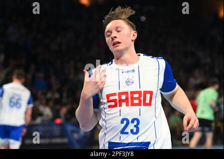 Berlin, Deutschland. 16. März 2023. Berlin, Deutschland März 16. 2023: Ole Pregler (23) des VfL Gummersbach im Spiel 1. Bundesliga - Füchse Berlin / VfL Gummersbach - Max-Schmeling-Halle. Berlin, Deutschland. (Ryan Sleiman /SPP) Guthaben: SPP Sport Press Photo. Alamy Live News Stockfoto