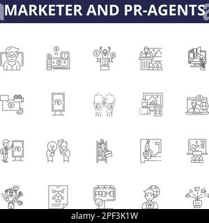 Linienvektorsymbole und -Zeichen für Marketingspezialisten und PR-Agenten. pr, Agent, Werbung, Medien, öffentlich, Strategie, Konzept, soziale Modellstruktur, Vektorbildungs-Set Stock Vektor