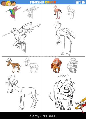 Cartoon-Darstellung von Zeichnen und Ausmalen von Arbeitsblättern mit Wildtiercharakteren Stock Vektor
