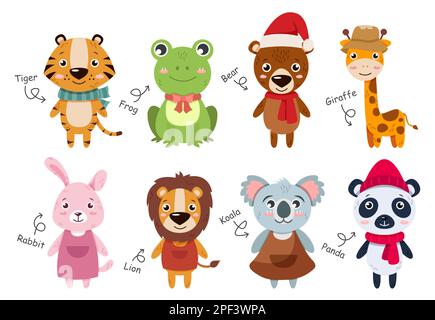 Wildtiersammlung. Flache Zeichentrickfiguren . Tigerfroschbär Giraffe Rabbit Lion Koala Panda . Vector . Stock Vektor