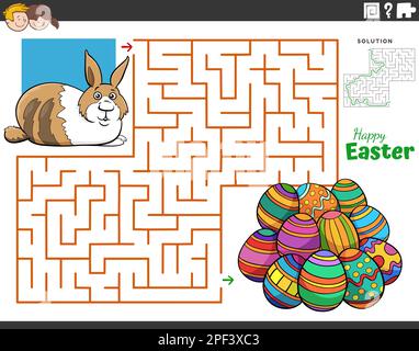 Cartoon-Darstellung eines informativen Labyrinth-Puzzle-Spiels für Kinder mit Osterhasen mit Ostereiern Stock Vektor