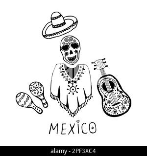 Mexikanische Symbole, süßer schwarz-weißer Clipart Stock Vektor