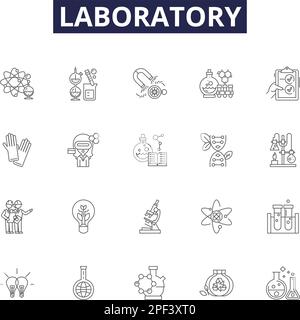 Vektorsymbole und -Zeichen für Laborlinien. Experiment, Test, Forschung, Analyse, Chemie, Mikroskop, Becher, Modellstruktur, Vektorabbildung Stock Vektor