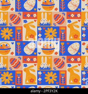 Nahtloses Ostermuster. Wiederkehrendes Fliesendesign mit abstraktem Muster und niedlichem Häschen, Ei, Korb und Blumen. Vektordarstellung. Minimalismus geometrisch c Stock Vektor
