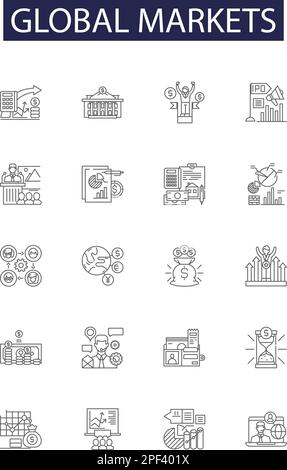 Globale Märkte Linienvektorsymbole und -Zeichen. Global, International, Investitionen, Handel, Börse, Vektoranschauungssatz für Eigenkapital, Anteil, Risikostruktur Stock Vektor