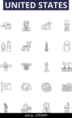 Linienvektorsymbole und -Zeichen in den USA. USA, Staaten, Vereinigte Staaten, Flagge, Verfassung, Freiheit, Freiheit, Gründungskontur, Vektorbildungs-Set Stock Vektor