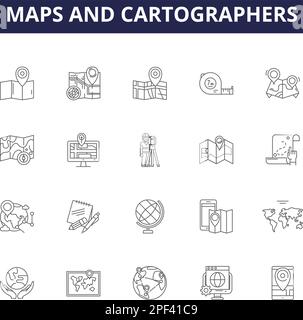 Karten und Kartografen, Linienvektorsymbole und -Schilder. Kartografen, Geografie, Navigation, Atlas, Explorers, Globe, Survey, Kompilierungsskizzenvektor Stock Vektor