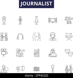 Zeitungslinienvektorsymbole und -Zeichen. Korrespondent, Anker, Medien, Columnist, Scribe, Zeichnungssatz für den Konturvektor Editor, Publisher, Newscaster Stock Vektor
