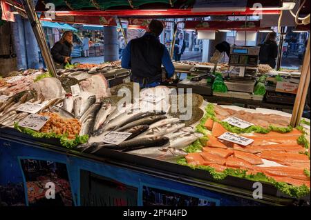 Venedig, Italien - 23. Februar 2023: Fisch auf dem Rialto Fischmarkt in Venedig, Italien Stockfoto