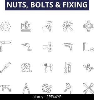 Muttern, Schrauben und Vektorsymbole und -Schilder für Befestigungslinien. Befestigungsteile, Werkzeug, Stahl, Schraube, Metall, Abbildungssatz für Konstruktion, Mutter, metallische Kontur Stock Vektor