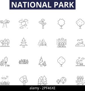 Vektorsymbole und Schilder der National Park Line. National, Natur, Wildtiere, Naturschutzgebiet, Naturschutzgebiet, Monument, Recreation, Camping, Umrisszeichnung Stock Vektor