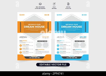 Design der Werbeflyer für Immobilienbaudienste in Orange und Blau. Moderner Vektor für Werbevorlagen im Baugewerbe mit Stock Vektor