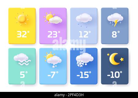 UI-Symbolgruppe für Website oder mobile App für Wettervorhersage. 3D modernes Design-Set im Renderstil mit weichen Formen Stock Vektor