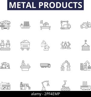 Linienvektorsymbole und -Zeichen für Metallprodukte. Produkte, Stahl, hergestellt, Legierung, Guss, Aluminium-, Messing-, Kupfer-Umriss-Vektor-Zeichnungssatz Stock Vektor