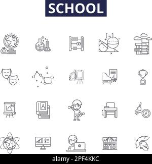 Vektorsymbole und -Zeichen der Schullinie. Bildung, Lehrer, Lernen, Lehrbuch, Klasse, Kurs, Diplom, Campus-Umriss-Vektorbildungs-Set Stock Vektor