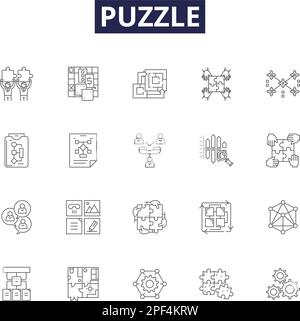 Puzzle-Linien-Vektorsymbole und -Zeichen. Brainteaser, Puzzle, Spiel, Suche, Conundrum, Jolly, Inquiry, Cipher-Umriss-Vektorbildungs-Set Stock Vektor