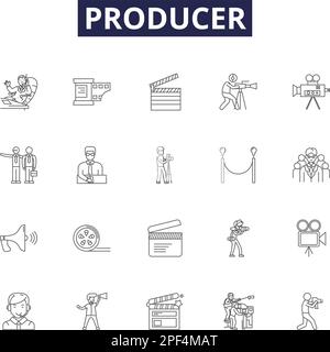Vektorsymbole und -Zeichen für Produktionslinien. Maker, Schöpfer, Urheber, Promotor, Führungskraft, Anstifter, Enterpriser, Fabricator, Konturvektordarstellung Stock Vektor