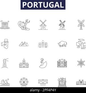 Portugiesische Linienvektorsymbole und -Zeichen. portugiesisch, Reisen, europa, Tourismus, Stadt, Vektordarstellung für Ansicht, Ziel, Architekturkontur Stock Vektor