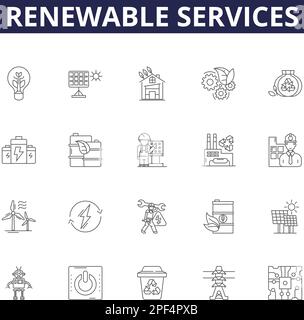 Symbole und Schilder für erneuerbare Dienste. Dienstleistungen, Solar, Wind, Wasserkraft, Geothermie, Vektoranschauungssatz für Biomasse, Biokraftstoff, Wellenkontur Stock Vektor