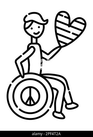 Behinderter im Rollstuhl mit Herz in der Hand und pazifischem Symbol auf dem Rollstuhl Stock Vektor