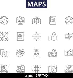 Ordnet Linienvektorsymbole und -Zeichen zu. Kartografie, Survey, Atlas, Topographie, Kompass, Navigation, Wegbeschreibung, appronautische Konturdarstellung Stock Vektor