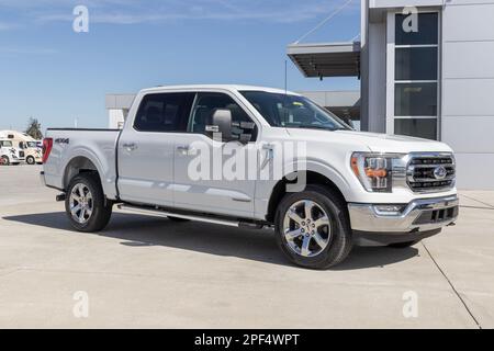 Indianapolis - ca. März 2023: Ford F-150 Ausstellung in einem Händlerbetrieb. Der Ford F150 ist erhältlich in XL, XLT, Lariat, King Ranch, Platinum, Und begrenzt Stockfoto