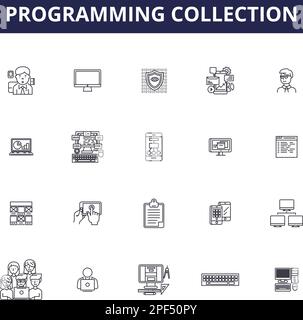 Programmieren von Vektorsymbolen und -Zeichen für Sammlungslinien. Sammlung, Code, Sprache, Algorithmus, Syntax, Logik, Framework, Konturvektor kompilieren Stock Vektor