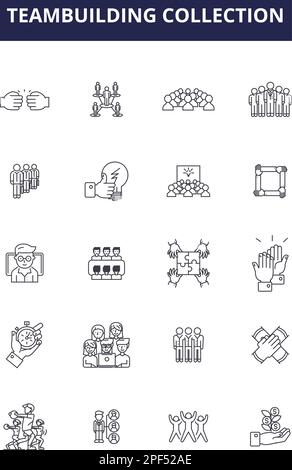 Vektorsymbole und -Zeichen für Sammlungslinien zur Teambildung. Kooperativ, Zusammenarbeit, Kreativität, Eisbrecher, Netzwerke, Kommunikation, Moral, Ziel Stock Vektor