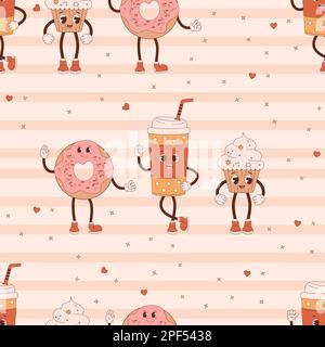 Nahtloses Retro-Muster. Cartoon-Charaktere: Cupcake, Donut und Kaffee zum Mitnehmen auf gestreiftem Hintergrund. Vektordarstellung für Hintergrundbild, Design, textil Stock Vektor