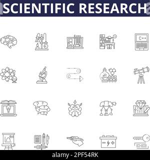 Symbole und Zeichen für wissenschaftliche Forschungslinien. Experimente, Ermittlung, Studie, Analyse, Prozess, Exploration, Examination, Development Outline Stock Vektor