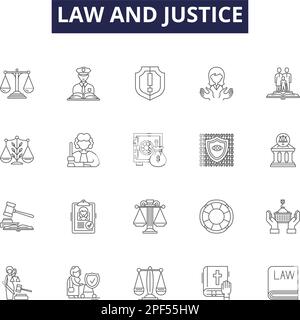Vektorsymbole und -Zeichen für Recht und Gerechtigkeit. Justiz, Gerichtsverfahren, Gerichtsbarkeit, Verurteilung, Befürwortung, Gesetzgebung, Verträge bilden den Vektor Stock Vektor