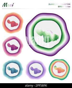 Maui Logo-Kollektion. Farbenfrohes Abzeichen der Insel. Ebenen um Maui-Rahmenform. Vektordarstellung. Stock Vektor