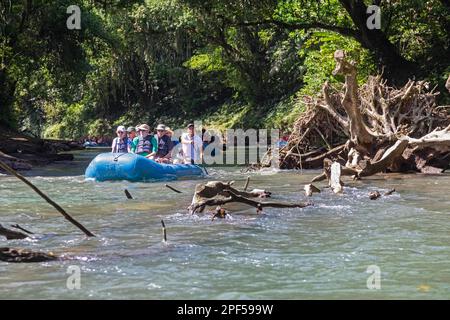 Muelle San Carlos, Costa Rica, Touristen auf einer malerischen Rafting-Tour auf dem Rio Penas Blancas Stockfoto