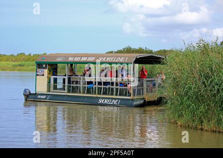 Ausflugsboot, Touristen auf Bootssafari, St. Lucia, St. Lucia Mündung, Isimangaliso Wetland Park, Kwazulu Natal, Südafrika Stockfoto