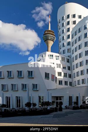 Der neue Zollhof mit dem Gehry-Gebäude und der Rheinturm, Düsseldorf, Nordrhein-Westfalen, Deutschland Stockfoto