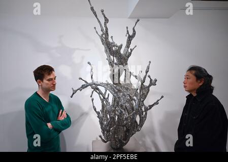 Zheng Lu (geboren 1978 in der inneren Mongolei, China) arbeitet und lebt in Peking. Zheng Lu studierte von 1998-2003 an der Lu Xun Fine Art Academy und dann von 2004 bis 2007 an der angesehenen Central Academy of Fine Arts in Peking. Zheng erhielt während seiner Schulzeit den LVMH-Preis, der dem Künstler eine dreimonatige Ausbildung an der Ecole nationale supérieure des Beaux-Arts, ENSBA, Paris, bot. Die künstlerische Praxis von Zheng dreht sich hauptsächlich um Skulpturen und Installationsarbeiten mit Stahlstrukturen, umfasst aber auch zweidimensionale Werke, Multimediaprojekte und öffentliche Kunst. Stockfoto