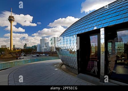 Restaurantterrasse mit dem Rheinturm und den Gehry-Gebäuden, Media Harbour, Düsseldorf, Nordrhein-Westfalen, Deutschland Stockfoto