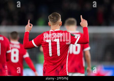 ALKMAAR – Jesper Karlsson von AZ Alkmaar feiert die 1-1. Runde der UEFA Conference Liga im 16. Spiel zwischen AZ Alkmaar und SS Lazio am 16. März 2023 im AFAS-Stadion in Alkmaar, Niederlande. ANP ED VAN DE POL Stockfoto