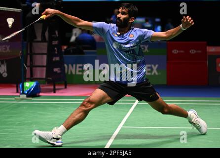 Utilita Arena, Birmingham, Großbritannien. 16. März 2023. 2023 YONEX All England Open Badminton Championships Day 3 Runde 16; Kodai NARAOKA gegen KIDAMBI Srikanth in den Herren Singles spielt KIDAMBI Srikanth einen Shot Credit: Action Plus Sports/Alamy Live News Stockfoto