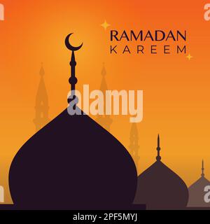 Ramadan Kareem. Skyline bei Sonnenuntergang mit Moschee-Kuppel, Mond und Sternen. Vektordarstellung, flaches Design Stock Vektor