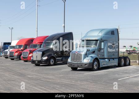 Indianapolis - ca. März 2023: Gebrauchte Lkw von Peterbilt, Kenworth, International und Freightliner zum Verkauf. Gebrauchte Sattelzugmaschinen sind i Stockfoto