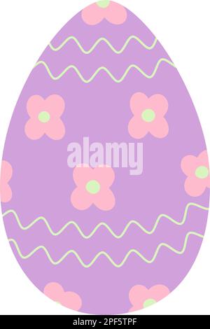 Osterei im trendigen Flieder mit abstraktem Muster von welligen Linien und Blumen. Frohe Ostern. Feiertage. Aufkleber. Symbol. Isolieren. Design für Poster, Banner, Broschüren oder Grußkarten, Preise, Etiketten oder Broschüren. EPS Stock Vektor
