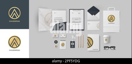Modell mit goldenem Logo und grauem Hintergrund. Erstklassige Unternehmensidentität für Finanz- oder Anwaltskanzleien mit Marmormappe Stock Vektor