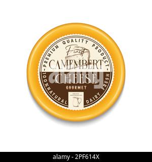 Dieses runde Camembert-Käseetikett im Vintage-Stil ist editierbar und kann als Etikett für Milchpackungen oder als Logo für einen verwendet werden Stock Vektor