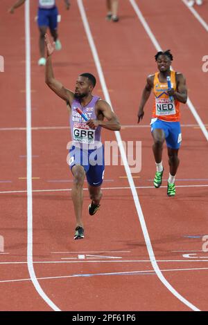 Nethaneel MITCHELL-BLAKE feiert seine führende Rolle im britischen 4 * 100m Relay Team zur Goldmedaille bei der European Athletics Championship 2022 Stockfoto