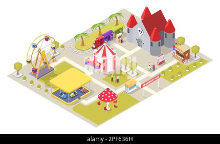 Attraktionen des Vergnügungsparks vektorflache isometrische Darstellung Stock Vektor